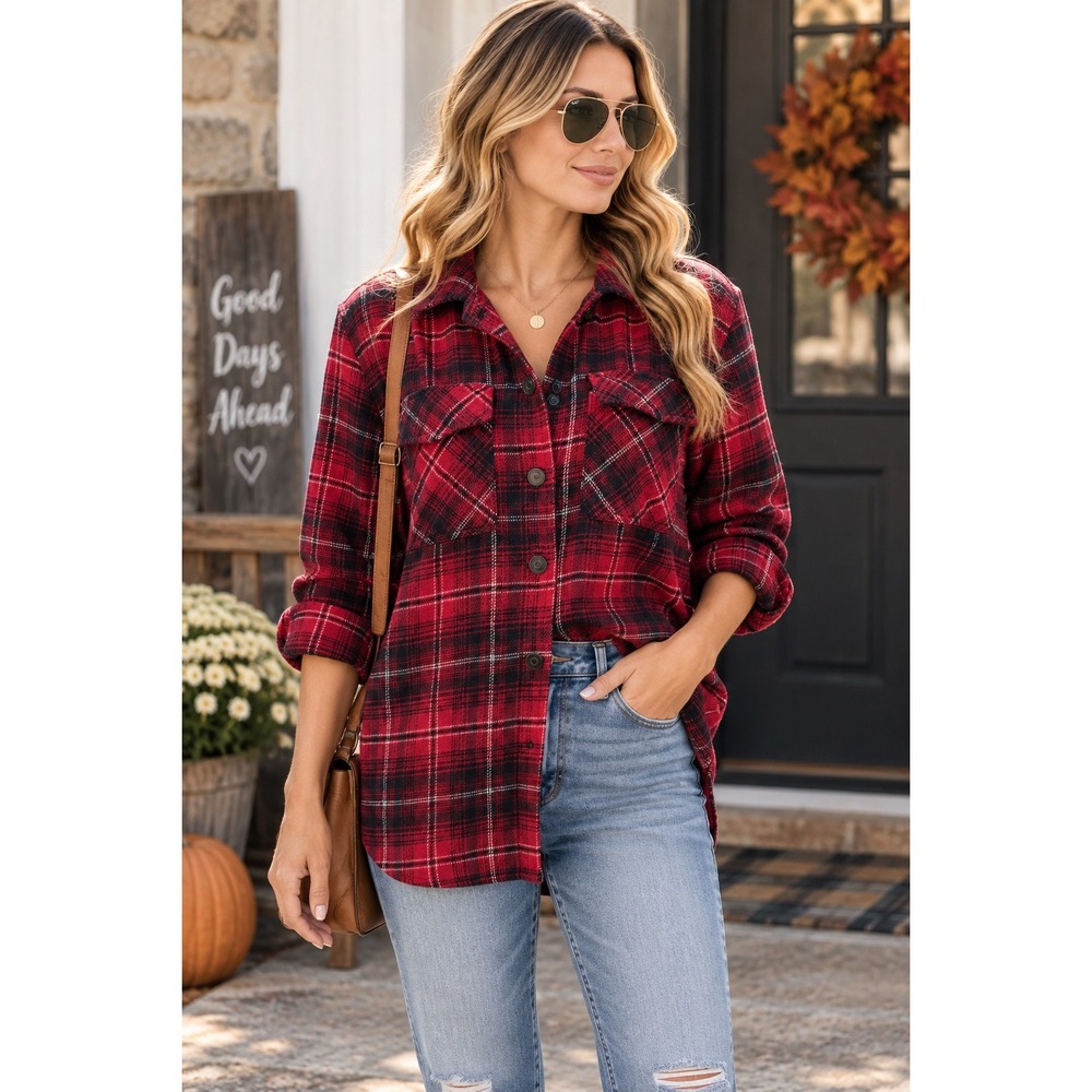 Casa Cabana S Red Black Plaid Flannel Button Up Shirt Shacket Western Cowboy
